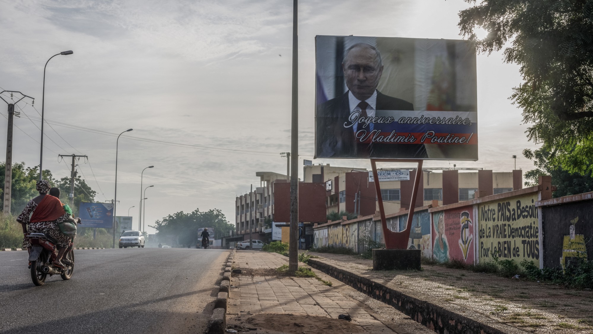 General view of a billboard carrying birthday wishes to Russian President Vladimir Putin in Bamako on October 12, 2024. (Photo by AFP) (Photo by -/AFP via Getty Images)