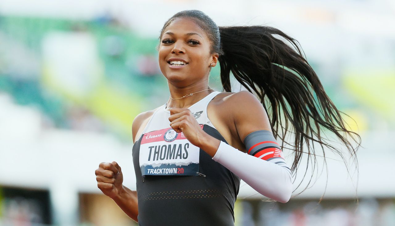 bby Thomas reacts after competing in the first round of the Women&#039;s 200 Meter Dash on day seven of the 2020 U.S. Olympic Track &amp; Field Team Trials at Hayward Field on June 24, 2021 in Eugene, Oregon