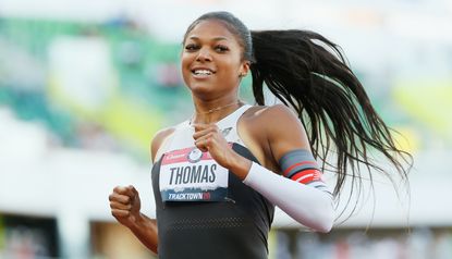 bby Thomas reacts after competing in the first round of the Women's 200 Meter Dash on day seven of the 2020 U.S. Olympic Track & Field Team Trials at Hayward Field on June 24, 2021 in Eugene, Oregon