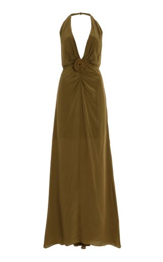 Violetta Rosette Crepe De Chine Maxi Halter Dress