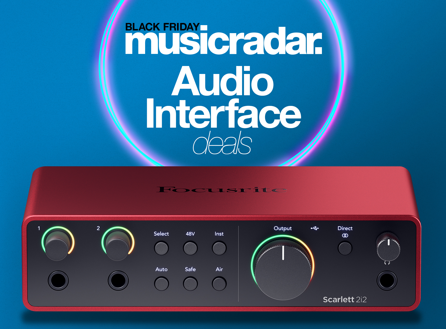 A Focusrite audio interface on a blue background