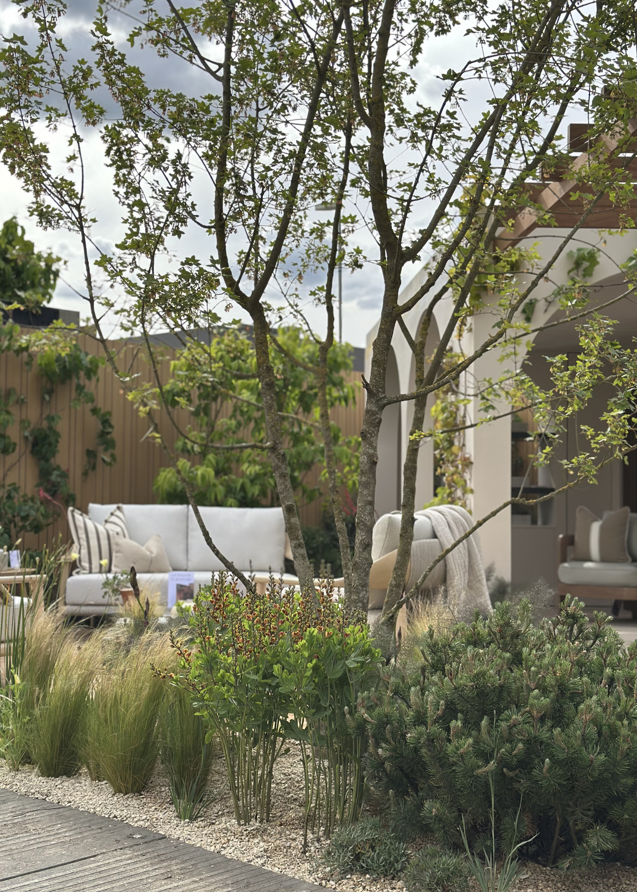 An outdoor space styled by Nth Degree and KawauchiRowe featuring textured grass, a tall tree, and short shrubs nestled into gravel
