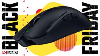 Razer Viper V4 Pro on an abstract background with the words Black Friday on either side of it