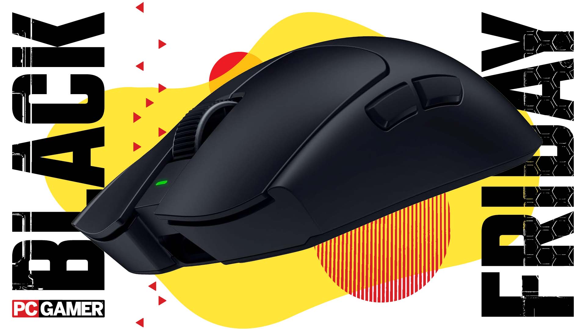 Razer Viper V4 Pro on an abstract background with the words Black Friday on either side of it