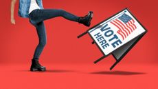 Illustration of a college student kicking over a polling place sign