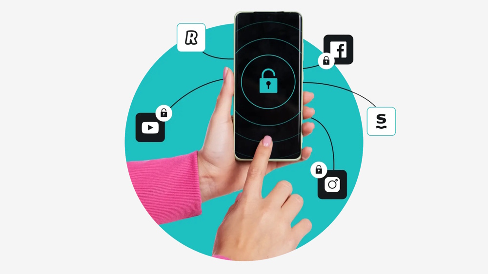 A person holding a smartphone with illustrations of different apps surrounding it; some have padlocks on them also.