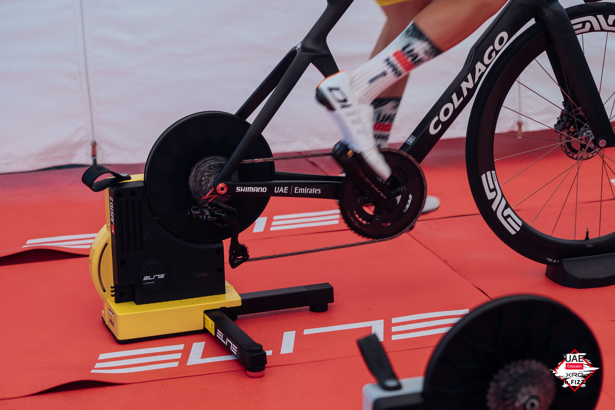 Tadej Pogačar warming up his Colnago Y1Rs and Elite Justo 2