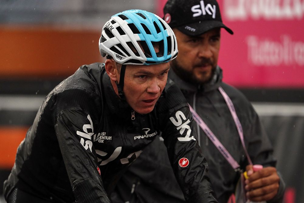 Chris Froome (Team Sky) finishes a rain-soaked stage 12 at the Giro d'Italia