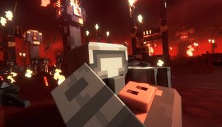 Minecraft Legends - A trailer animation of a small cobblestone golem with small arms pinning a piglin to the ground.