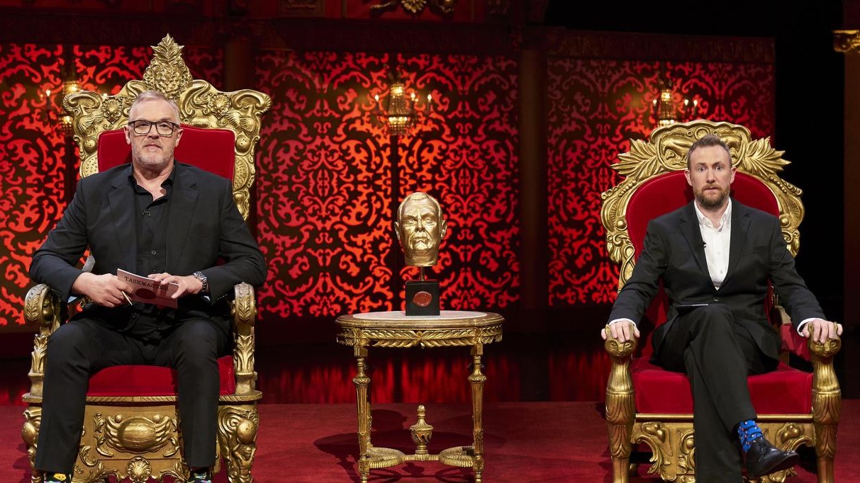 taskmaster promo pic with greg davies little alex horn and the trophy