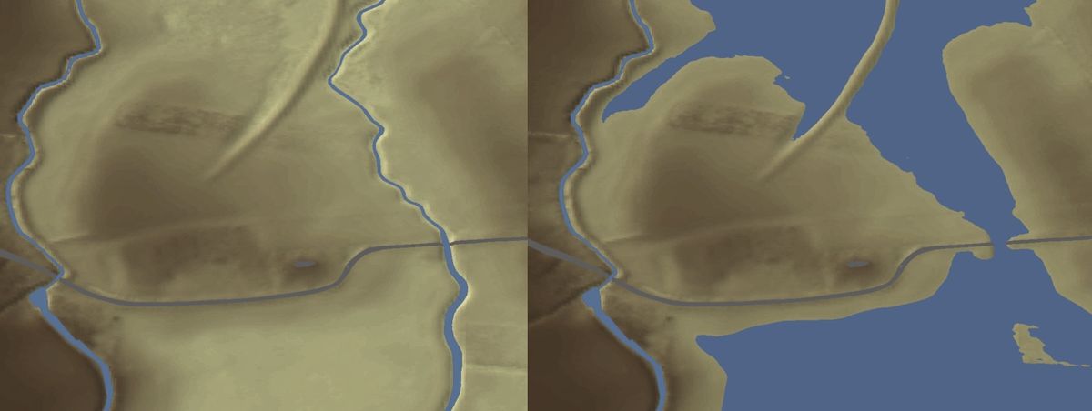 A Lidar survey of the Little Carleton site in England showing a dark splotch of raised land where the site sits (left) and a Lidar visualization of what the site may have looked like in the Middle Anglo-Saxon period with marshland surrounding a little isl