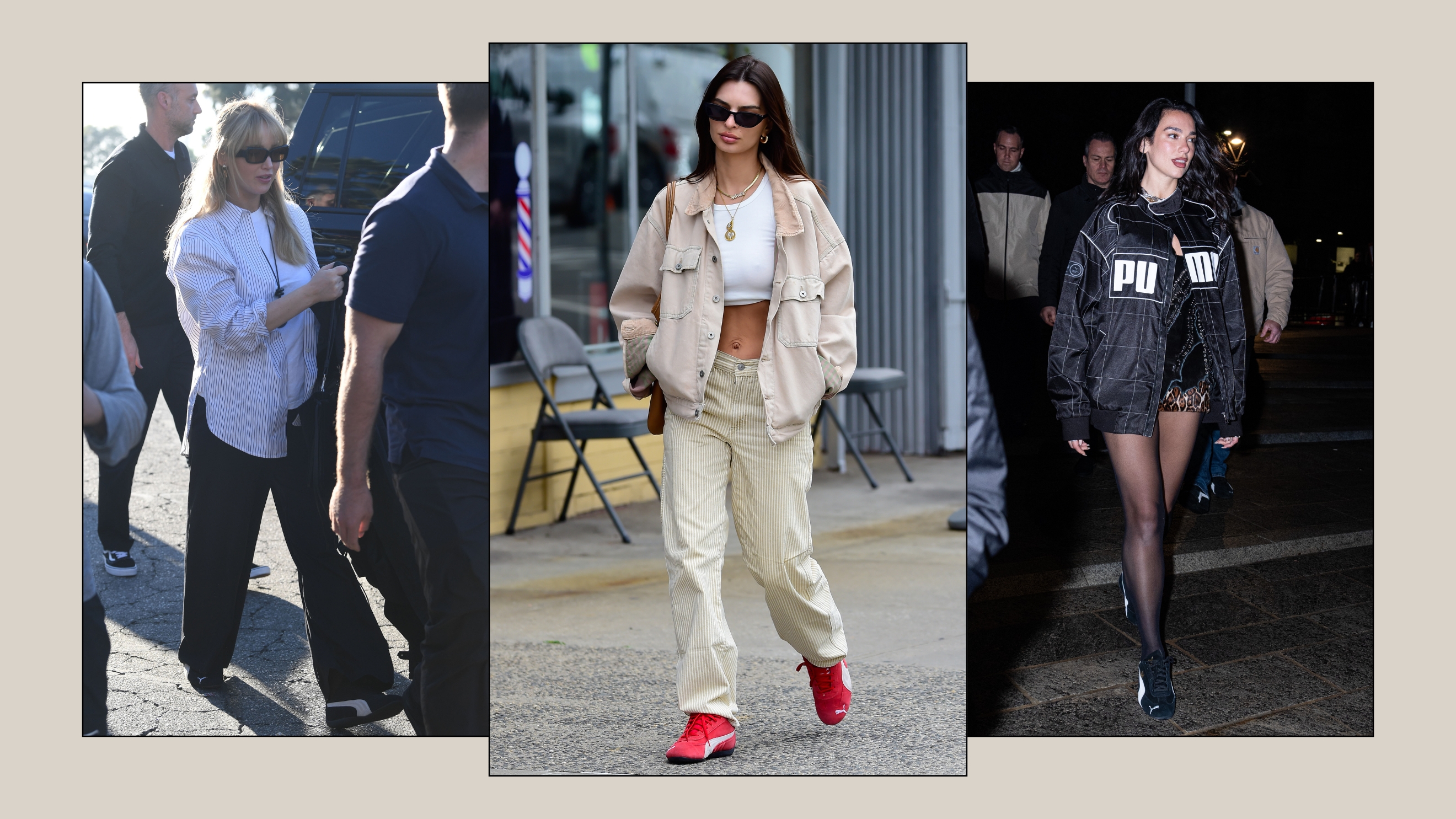 Jennifer Lawrence, Emily Ratajkowski and Dua Lipa wear Puma Speedcat OG trainers.