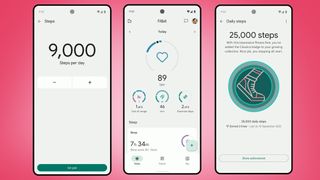 Tres teléfonos sobre fondo rosa mostrando la nueva aplicación Fitbit