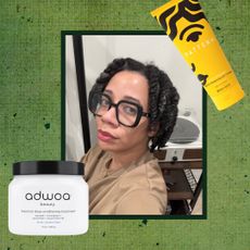 eden stuart on a green background with hair products for textured hair