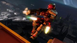 Marathon: The Destroyer shell leaping backwards off a ledge, firing a weapon.