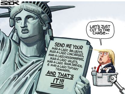 Political cartoon U.S. Trump immigration ban Mar-a-lago Statue of Liberty