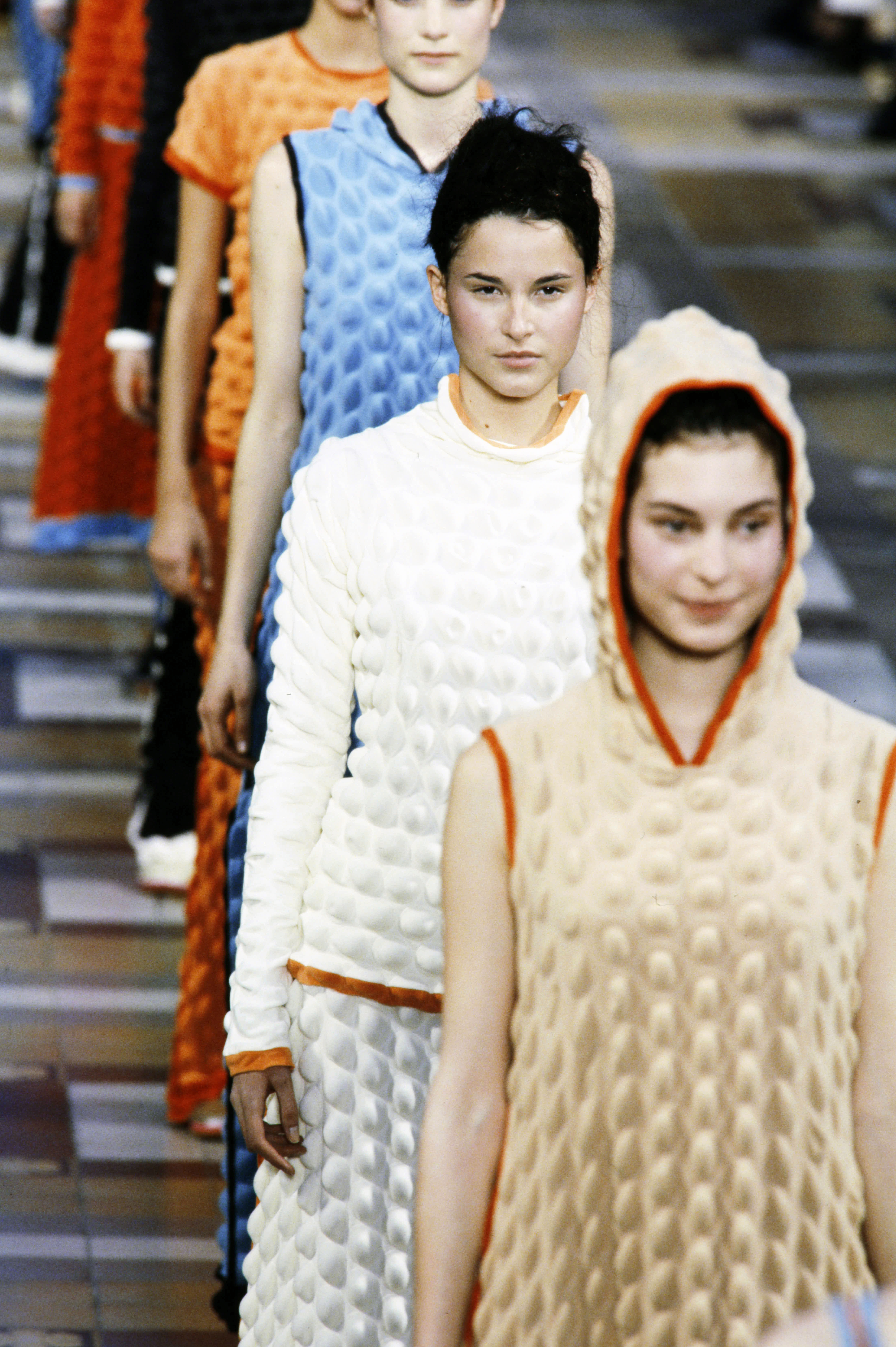 Issey Miyake egg carton styles on the Fall 2000 runway