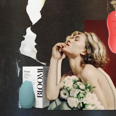 collage of a woman, a Bloomi sex toy, and a silhouette of two people about to kiss