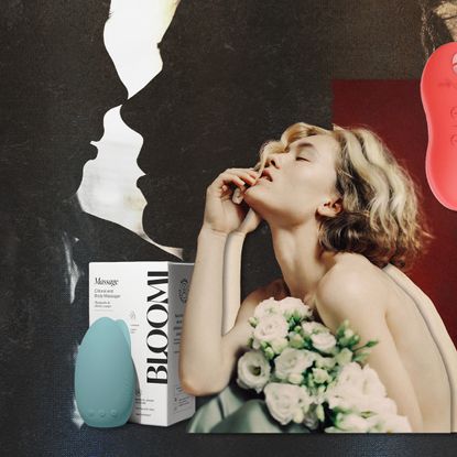 collage of a woman, a Bloomi sex toy, and a silhouette of two people about to kiss