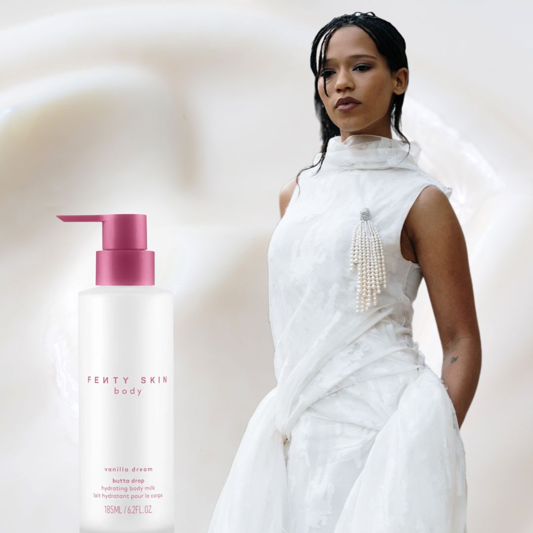 A woman in a white dress. The background is a milky moisturizer texture and there are three body milks next to her. 