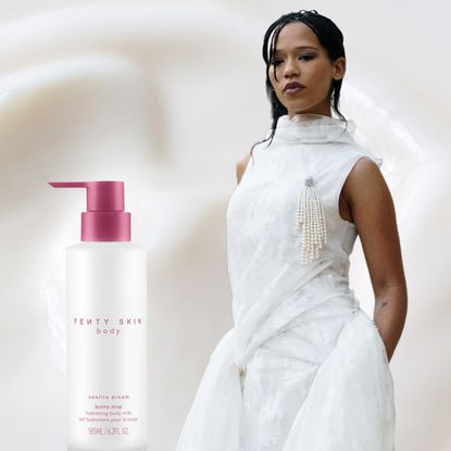 A woman in a white dress. The background is a milky moisturizer texture and there are three body milks next to her. 