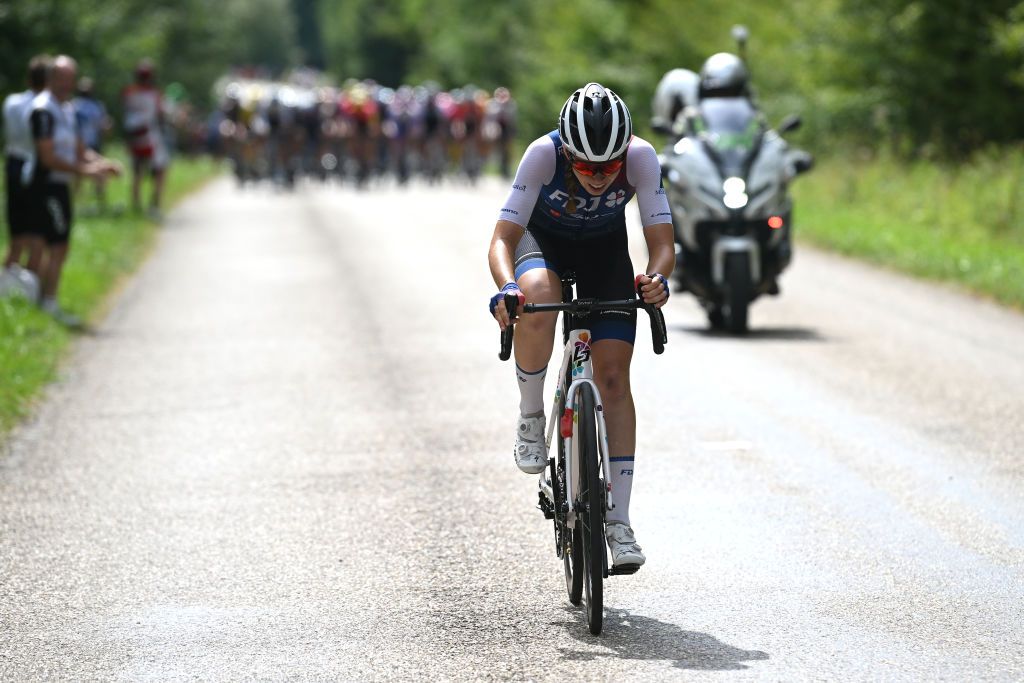 ROSHEIM FRANCE JULY 29 Marie Le Net of France and Team Fdj Nouvelle Aquitaine Futuroscope competes in the breakaway during the 1st Tour de France Femmes 2022 Stage 6 a 1286km stage from SaintDidesVosges to Rosheim TDFF UCIWWT on July 29 2022 in Rosheim France Photo by Dario BelingheriGetty Images