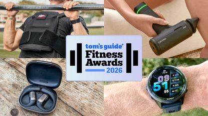 GoRuck Rucking Vest, Hyperice Hypervolt 3, Shockz Openfit Pro, and Garmin Forerunner 970 shown with Tom's Guide Fitness Awards 2026 logo.
