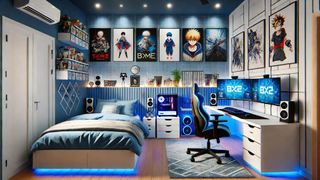 When my son turned 13, he officially declared he wanted a ‘teenage’ room makeover. Clearly outgrowing his love for Disney posters and wooden toys. And so I wanted to design something that reflected his passions — anime and gaming. He also prefers the colors blue and white, and LED strip lighting. My prompt was: “Generate a 16:9 image creating a teenage boy's bedroom who loves gaming and anime. Here are some details about my tastes and preferences: Blue and white tones for the walls. Modern accents and features with modern bedroom furniture. Wall art.”