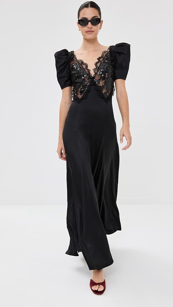 Rodarte Black Silk Satin Puff Sleeve Dress With Sequin Detail