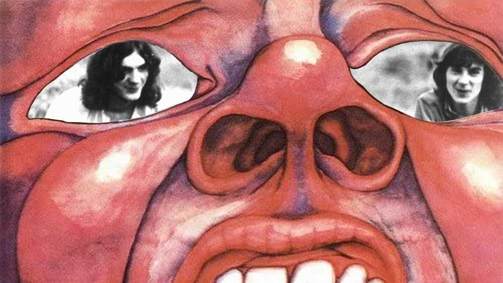 The cover of King Crimson&#039;s In The Court Of The Crimson King with Ian McDonald and Pete Sinfield in the eye sockets