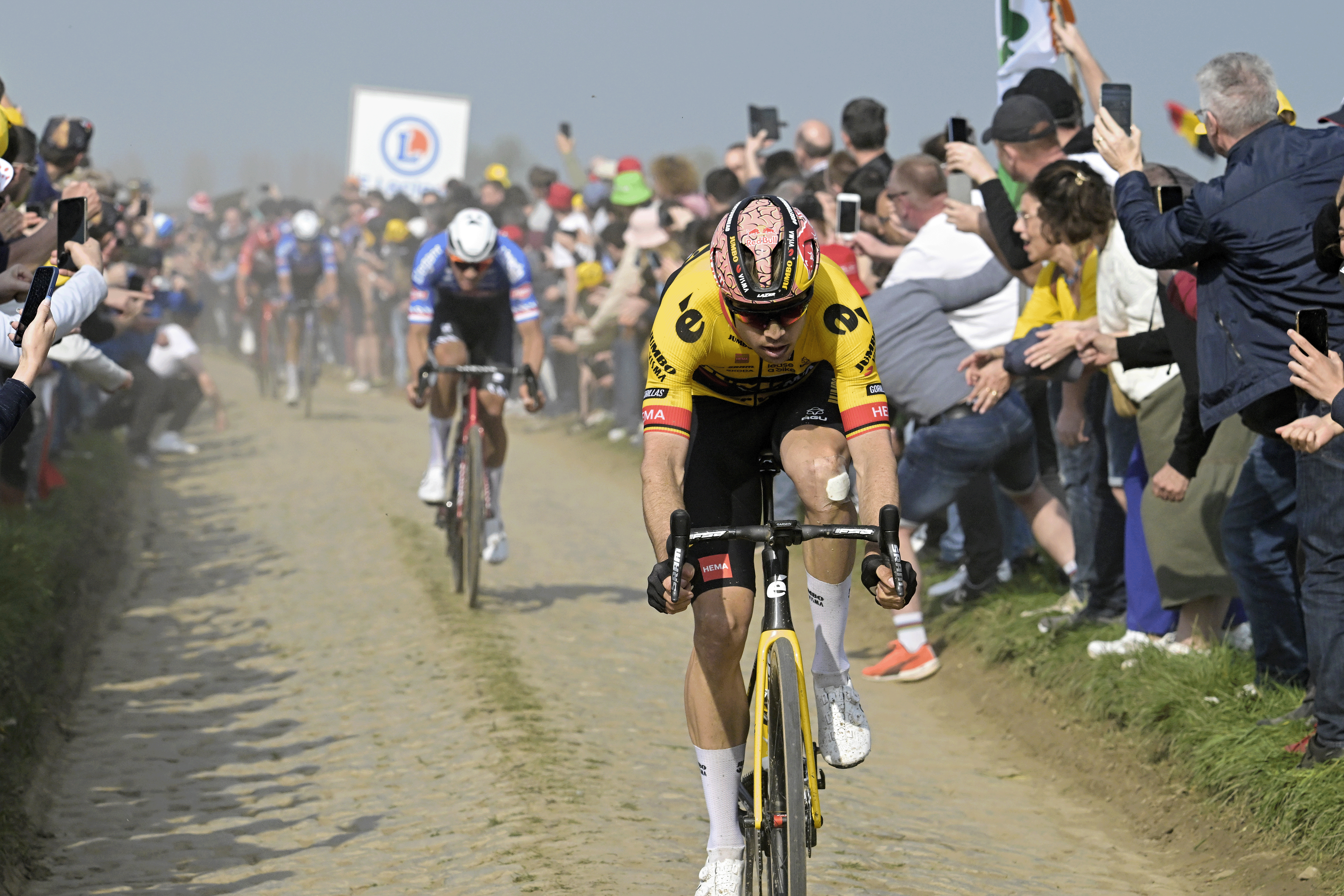 ROUBAIX, FRANCE - APRIL 09: Wout Van Aert of Belgium and Team Jumbo-Visma attacks during the 120th Paris-Roubaix 2023, Men's Elite a 256.6km one day race from Compi&amp;egrave;gne to Roubaix on / #UCIWT / April 09, 2023 in Roubaix, France. (Photo by Bernard Papon - Pool/Getty Images)