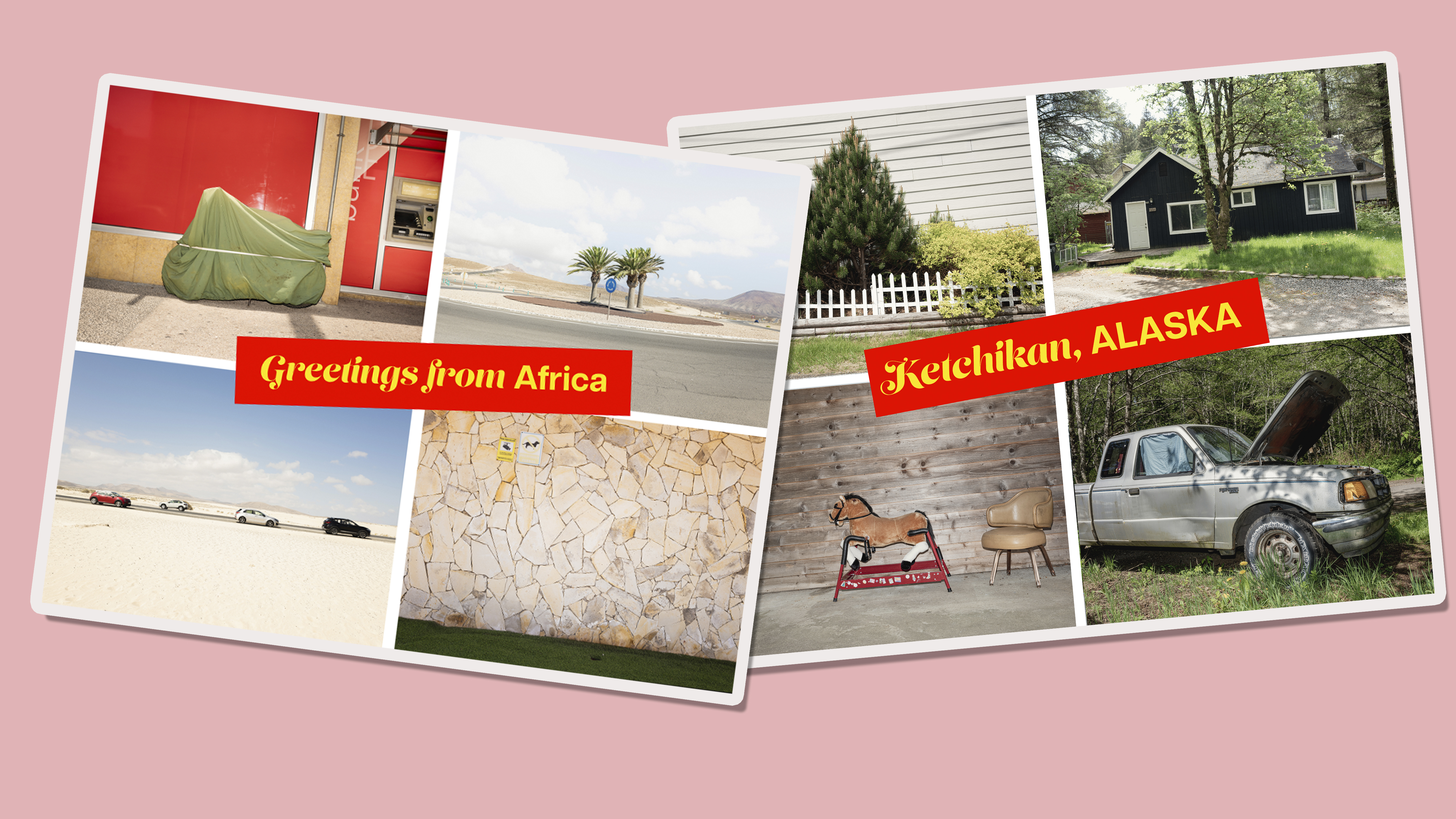 Two postcards made with four boring images each taken in different locations