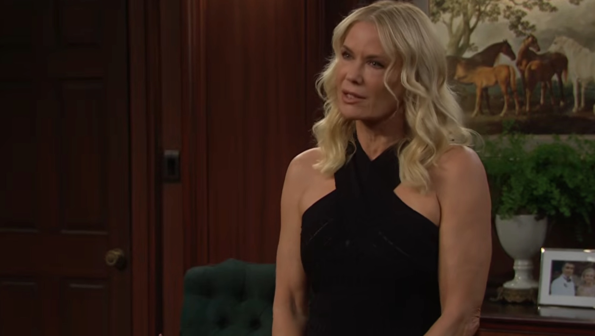 Katherine Kelly Lang standing in a black dress in The Bold and the Beautiful