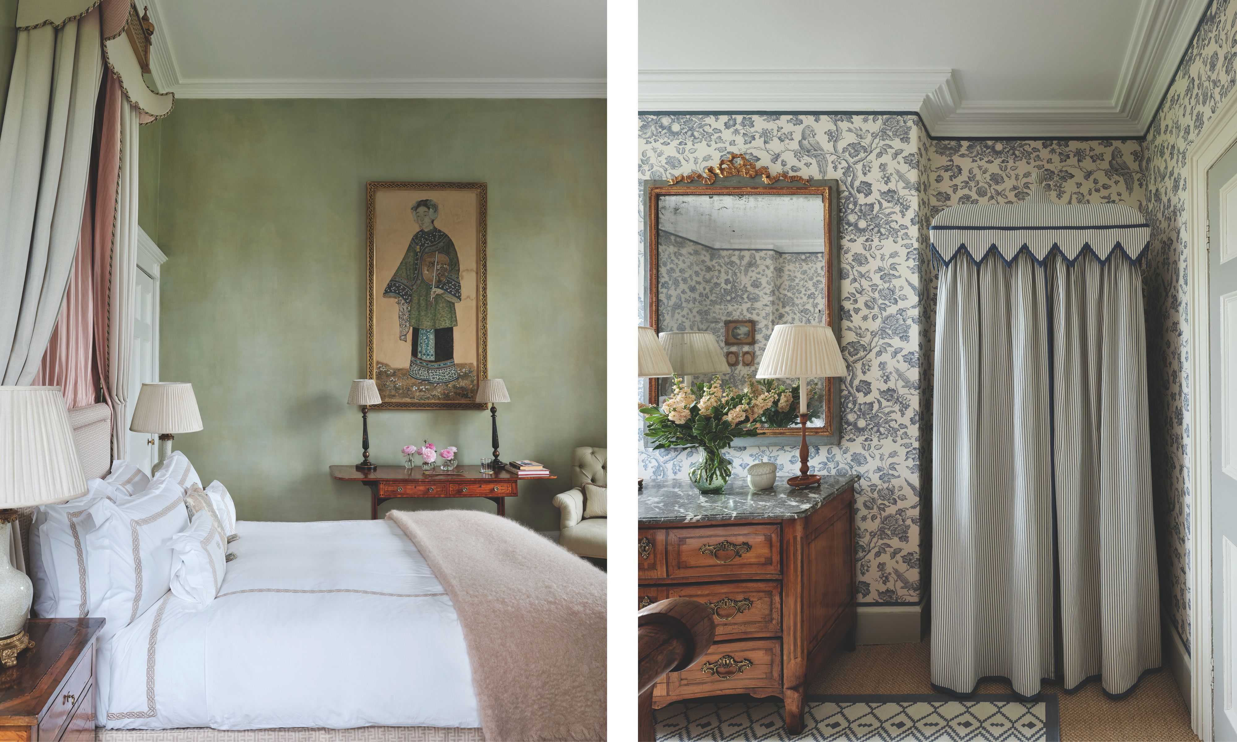 (Left) A serene bedroom with sage green walls, a canopy bed, and a portrait of a woman in traditional dress; (Right) A dressing area with blue and white floral wallpaper, a marble-top wooden dresser, and a striped fabric wardrobe cover.