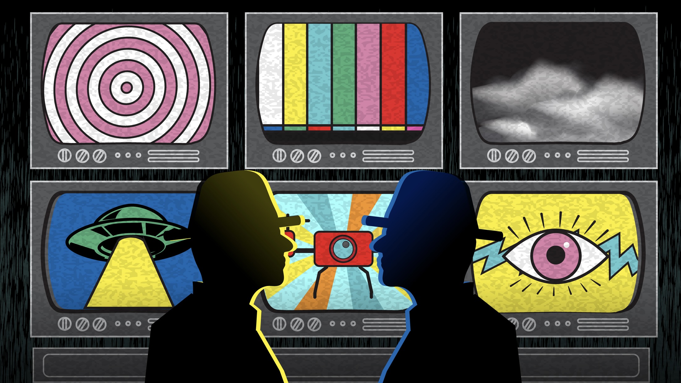 Illlustration of conspiracy tropes on TVs and two shady indviduals discussing something