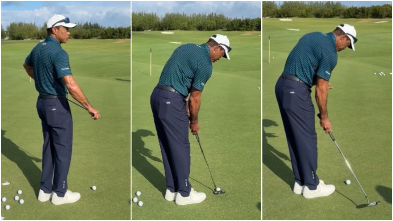 Tiger Woods giving a putting clinic at the 2025 Hero World Challenge at Albany Golf Club in the Bahamas