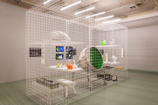 A room featuring white walls and green floor with a white large floor to ceiling cage occupied by multiple objects