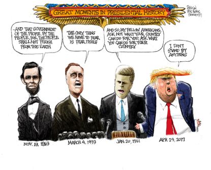 Political Cartoon U.S. Trump Lincoln FDR JFK Presidents