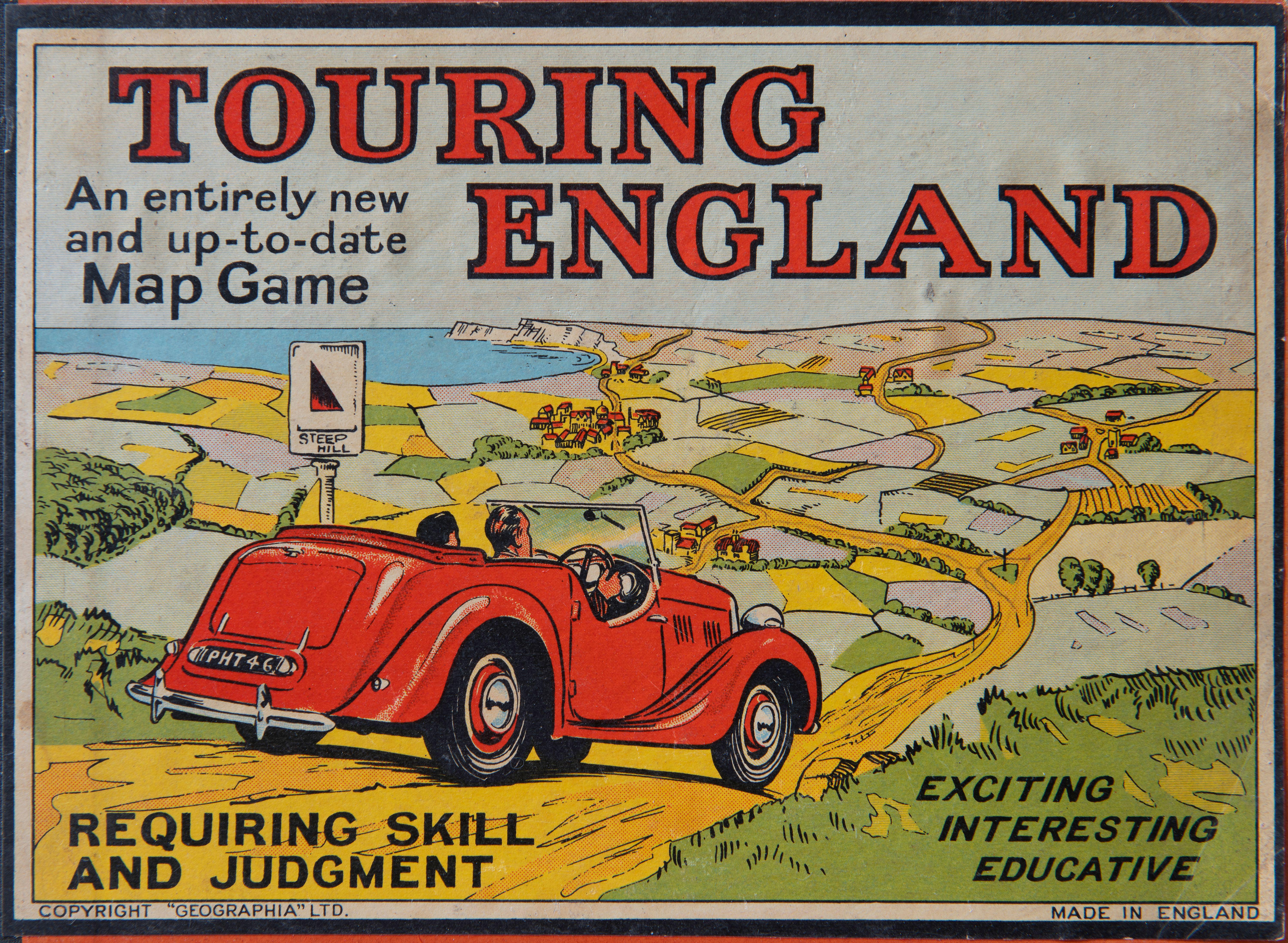 1930s original Touring England map game board frontispiece graphics, published by Geographia Ltd