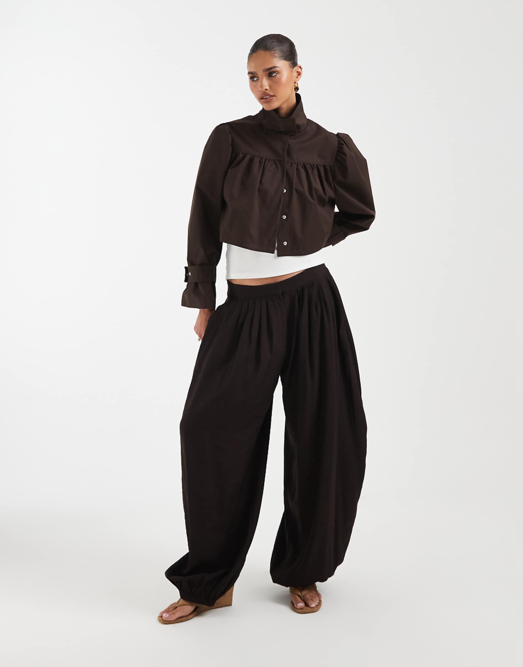 Asos Design Funnel Neck Jacket in Linen in Chocolate Brown