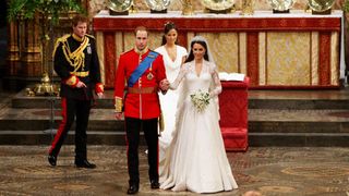 Prince William and Catherine Middleton, followed by best man Prince Harry and Maid of Honour Pippa Middleton, leave Westminster Abbey