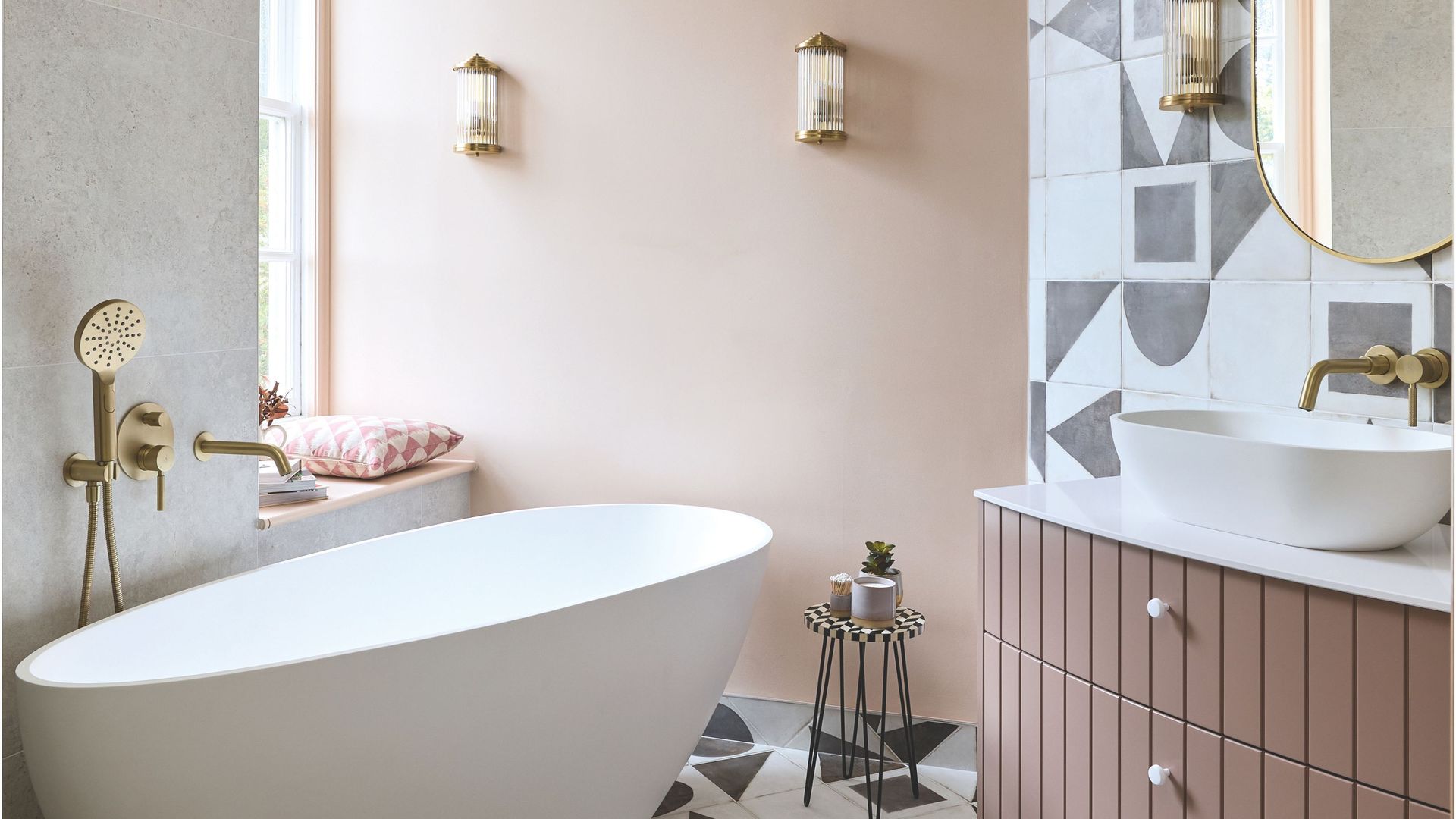 A clever layout turned this awkward-shaped room into a luxe hotel-style bathroom