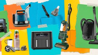 Selection of household appliances against a background of torn up paper
