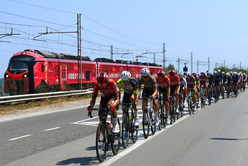 JESI ITALY MAY 17 Thomas De Gendt of Belgium and Team Lotto Soudal leads the peloton close to a train decorated in pink and with the Senza Fine Trophy during the 105th Giro dItalia 2022 Stage 10 a 196km stage from Pescara to Jesi 95m Giro WorldTour on May 17 2022 in Jesi Italy Photo by Tim de WaeleGetty Images