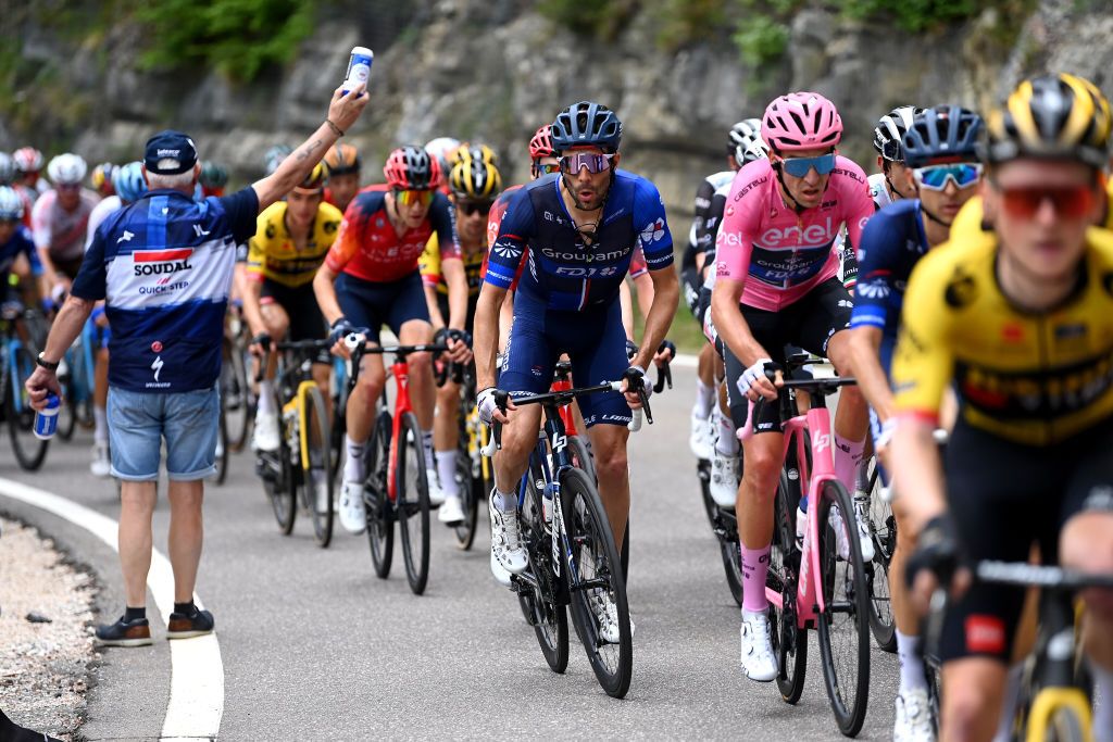 MONTE BONDONE ITALY MAY 23 LR Thibaut Pinot of France and Bruno Armirail of France and Team Groupama FDJ Pink Leader Jersey compete during the 106th Giro dItalia 2023 Stage 16 a 203km stage from Sabbio Chiese to Monte Bondone 1642m UCIWT on May 23 2023 in Monte Bondone Italy Photo by Tim de WaeleGetty Images
