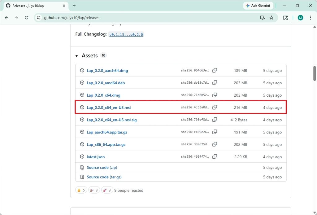 GitHub releases page showing a list of downloadable assets. The "Lap_0.2.0_x64_en-US.msi" file is highlighted in red.
