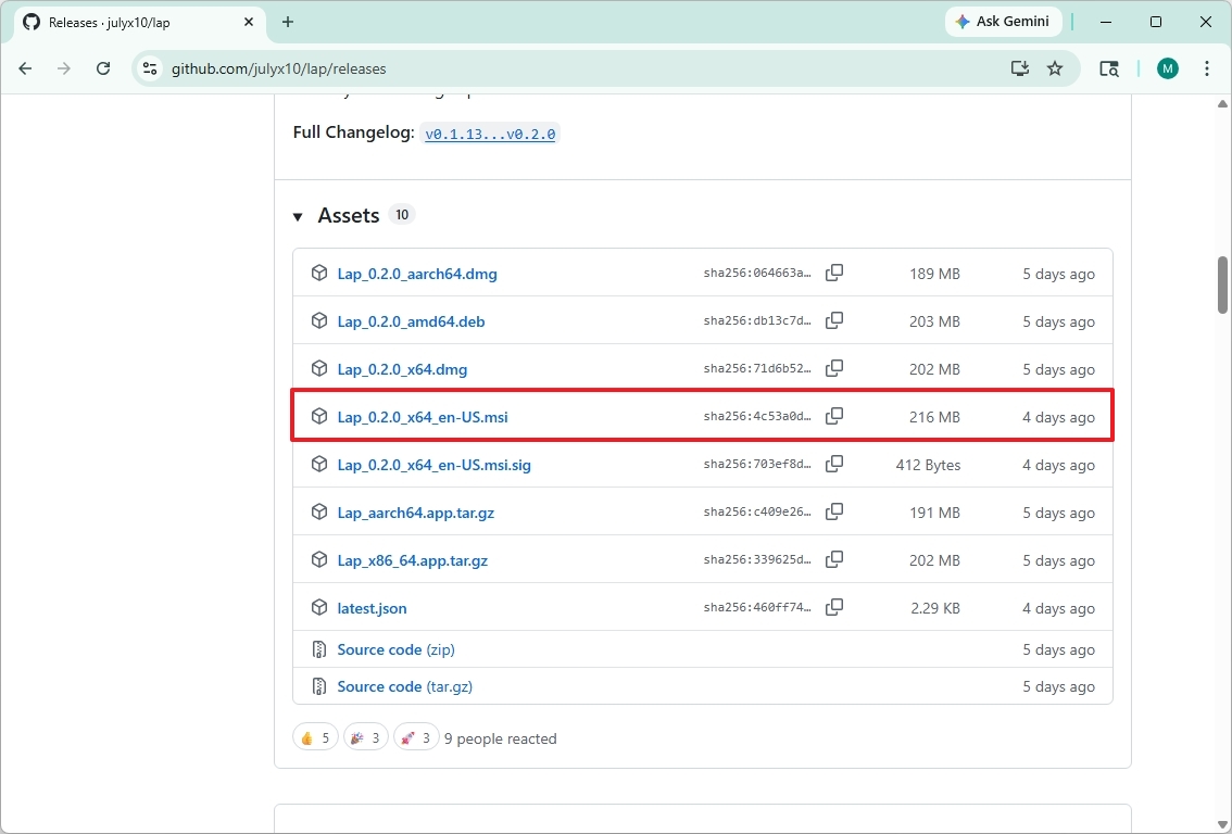 GitHub releases page showing a list of downloadable assets. The "Lap_0.2.0_x64_en-US.msi" file is highlighted in red.