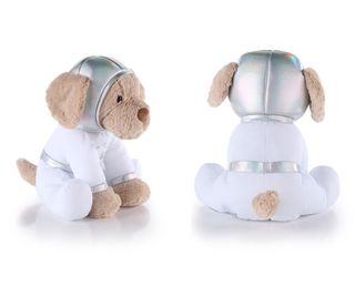"Jude," the Inspiration4 zero-g indicator space puppy is dressed in a St. Jude white spacesuit with silverly helmet.