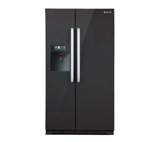 Large black fridge freezer with double vertical doors with silver handles and a water dispenser