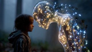 A young child looks up at a glowing, humanoid figure made of light and stars in a forest.